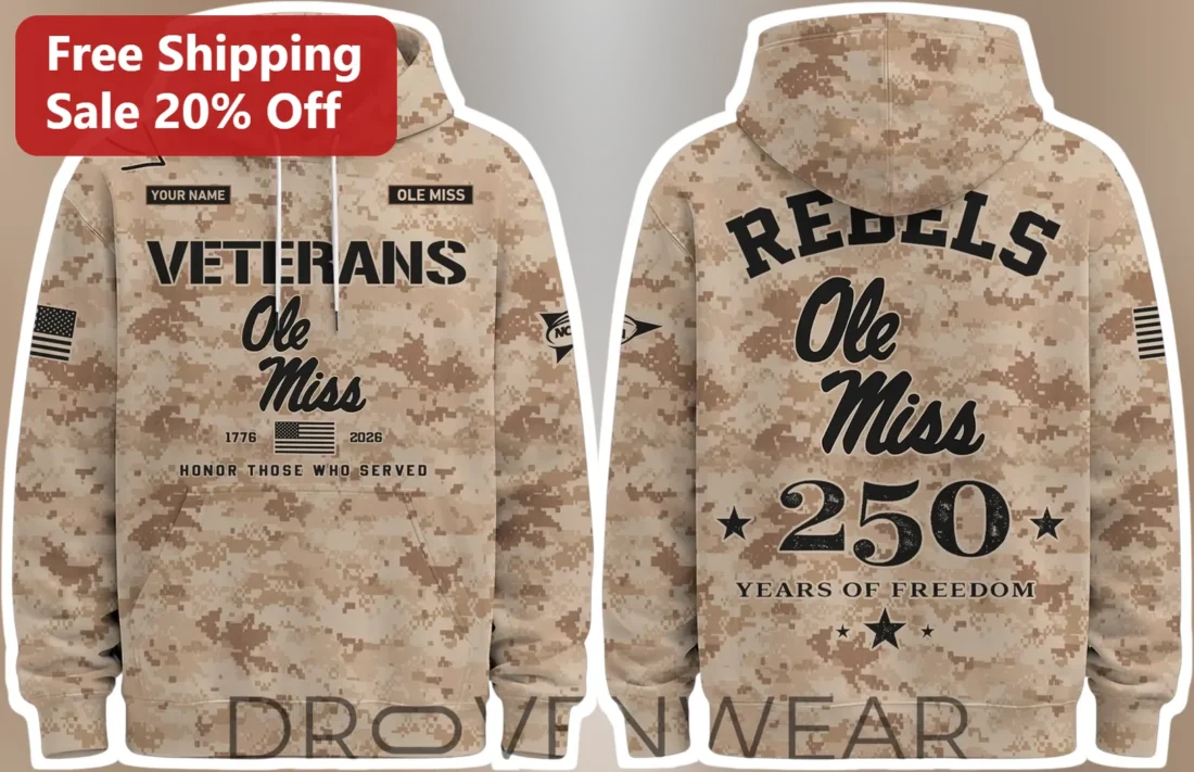 Ole Miss Veterans Honor Those Who Served Hoodie Years of Freedom Rebels Military Camo Gift available at our Miami, Florida warehouse