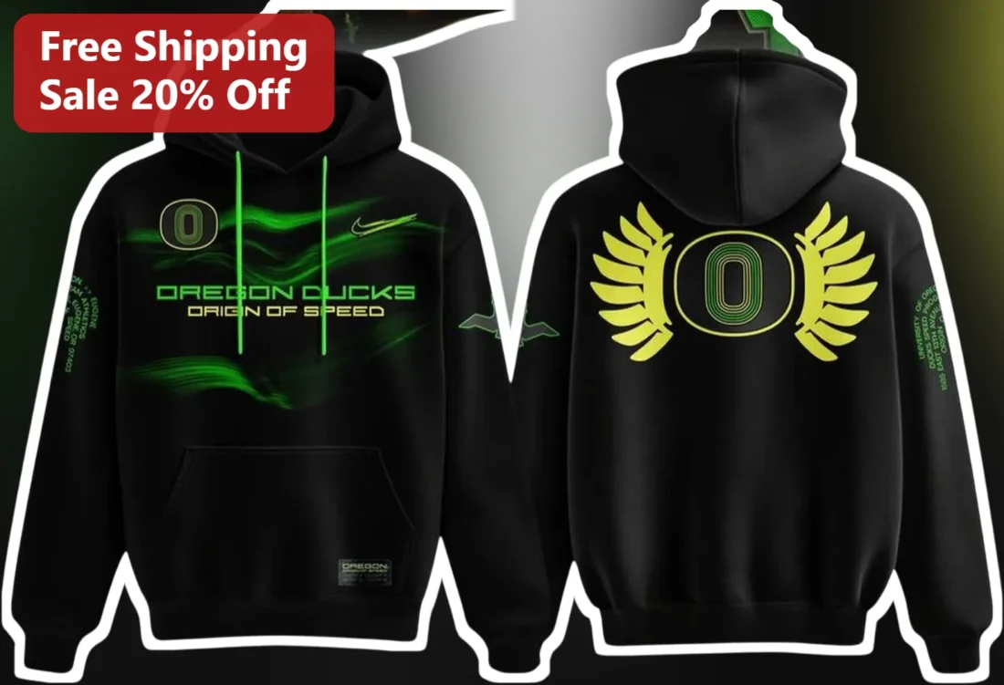 Oregon Ducks Origin of Speed Hoodie University of Oregon Mascot History Fan Gear available at our Miami, Florida warehouse
