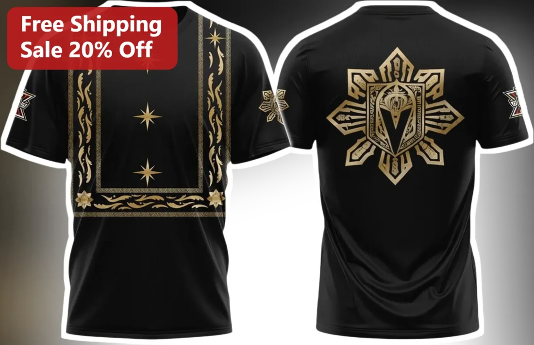 Gold Filigree Star Crest T-Shirt Black Gothic Fantasy Heraldic Tee available at our Miami, Florida warehouse