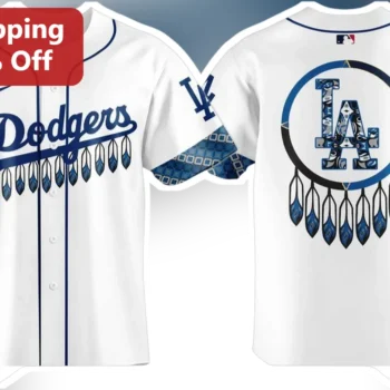 LA Dodgers Jersey White Button Down Baseball Shirt Tribal Native American Heritage Design available at our Miami, Florida warehouse