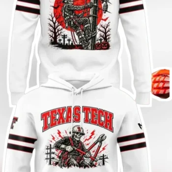 Lineman Texas Tech Hoodie Spooky Skeleton Halloween Gift for Electricians and Red Raiders Fans available at our Miami, Florida warehouse