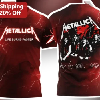 Metallica Life Burns Faster Tee Sphere Residency Heavy Metal Band Merch Graphic T-Shirt available at our Miami, Florida warehouse