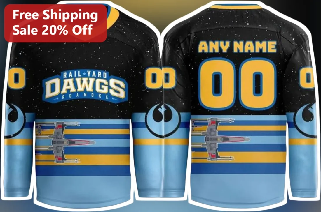 Roanoke Rail Yard Dawgs Star Wars Jersey Custom Name Personalized Hockey Shirt available at our Miami, Florida warehouse