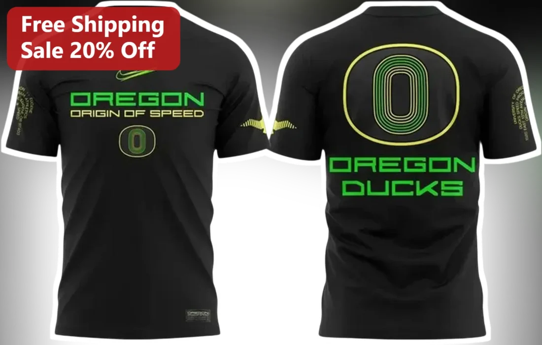 Oregon Origin of Speed Tee University of Oregon Ducks Football Fan Gear Black Athletic Shirt available at our Miami, Florida warehouse