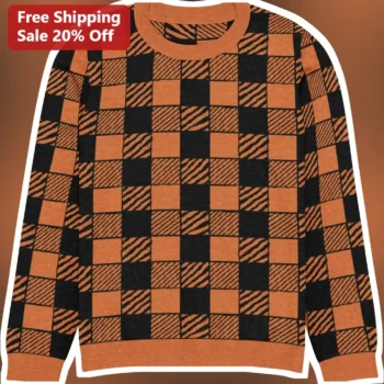 Orange Black Checkerboard Sweater Retro Geometric Knit Fall Halloween Style Crewneck available at our Miami, Florida warehouse
