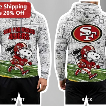 San Francisco 49ers Snoopy Peanuts Pullover Hoodie NFL Fan Merch available at our Miami, Florida warehouse