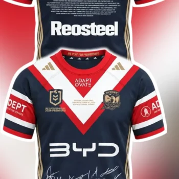 Sydney Roosters NRL Premiers Jersey Unibet BYD ReoSteel Sponsor Logo Rugby League Shirt available at our Miami, Florida warehouse