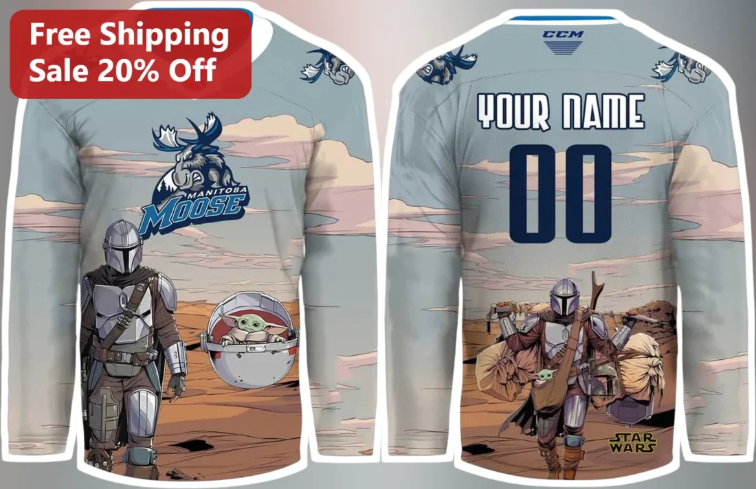 Manitoba Moose AHL Star Wars Jersey The Mandalorian Grogu Hockey Fan Gear Gift available at our Miami, Florida warehouse