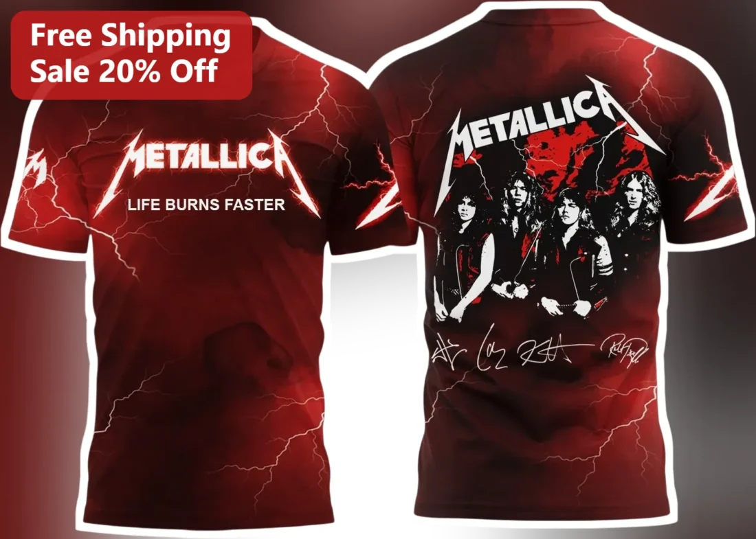 Metallica Life Burns Faster Tee Sphere Las Vegas Residency Heavy Metal Band Merch Gift available at our Miami, Florida warehouse