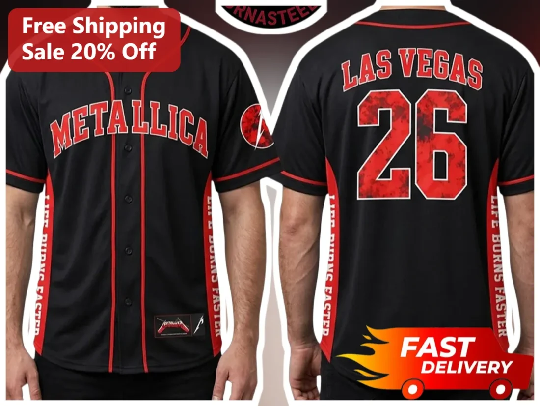 Metallica Tee Vintage Baseball Jersey Style Black Rock Band Merch Shirt available at our Miami, Florida warehouse
