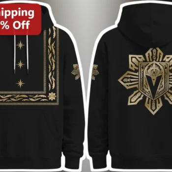 Vegas Golden Knights Hoodie Black Gold Crest Pullover NHL Fan Apparel available at our Miami, Florida warehouse