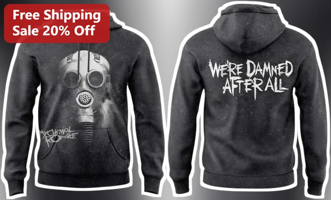My Chemical Romance We're Damned After All Hoodie Black Gas Mask Graphic Emo Merch available at our Miami, Florida warehouse