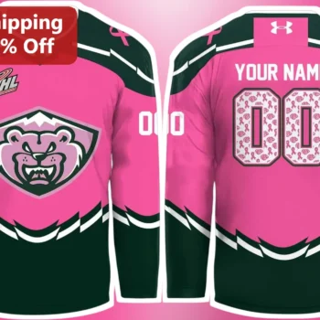WHL Jersey Pink Bear Hockey Breast Cancer Awareness Ribbon Custom Name Gift available at our Miami, Florida warehouse
