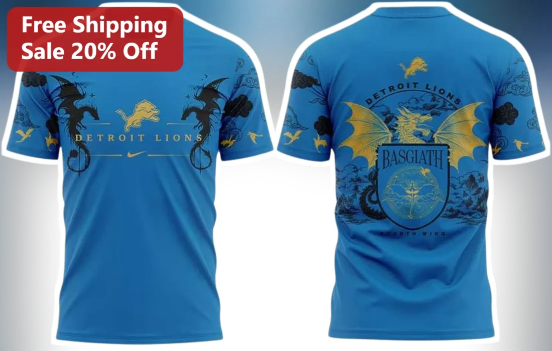 Detroit Lions Basgiath Fourth Wing Tee NFL Fan Crossover Shirt available at our Miami, Florida warehouse