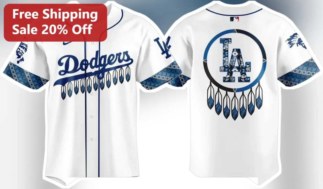 LA Dodgers Jersey White Button Down Baseball Shirt Tribal Native American Heritage Design available at our Miami, Florida warehouse
